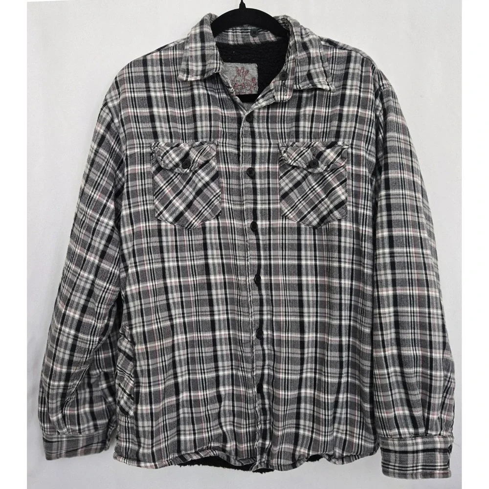 Overdrive Men's Sherpa Lined Flannel Shirt Jacket M‎ Black Gray Plaid Grunge 90s